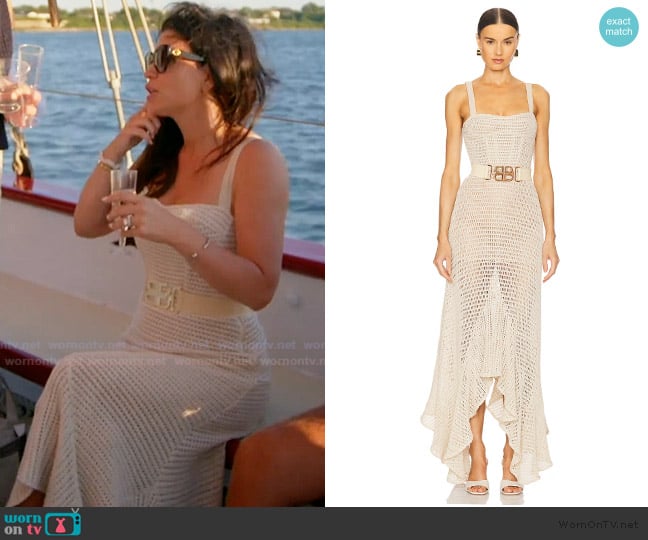 Bronx and Banco Herrera Desert Crochet Gown worn by Jo-Ellen Tiberi on The Real Housewives of Rhode Island