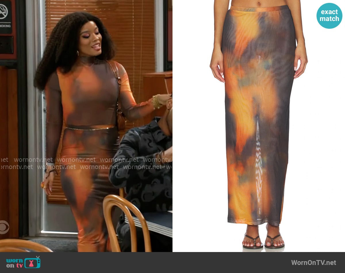 By.Dyln Maddox Skirt in Sunset worn by Eva Thomas (Ambyr Michelle) on Beyond the Gates