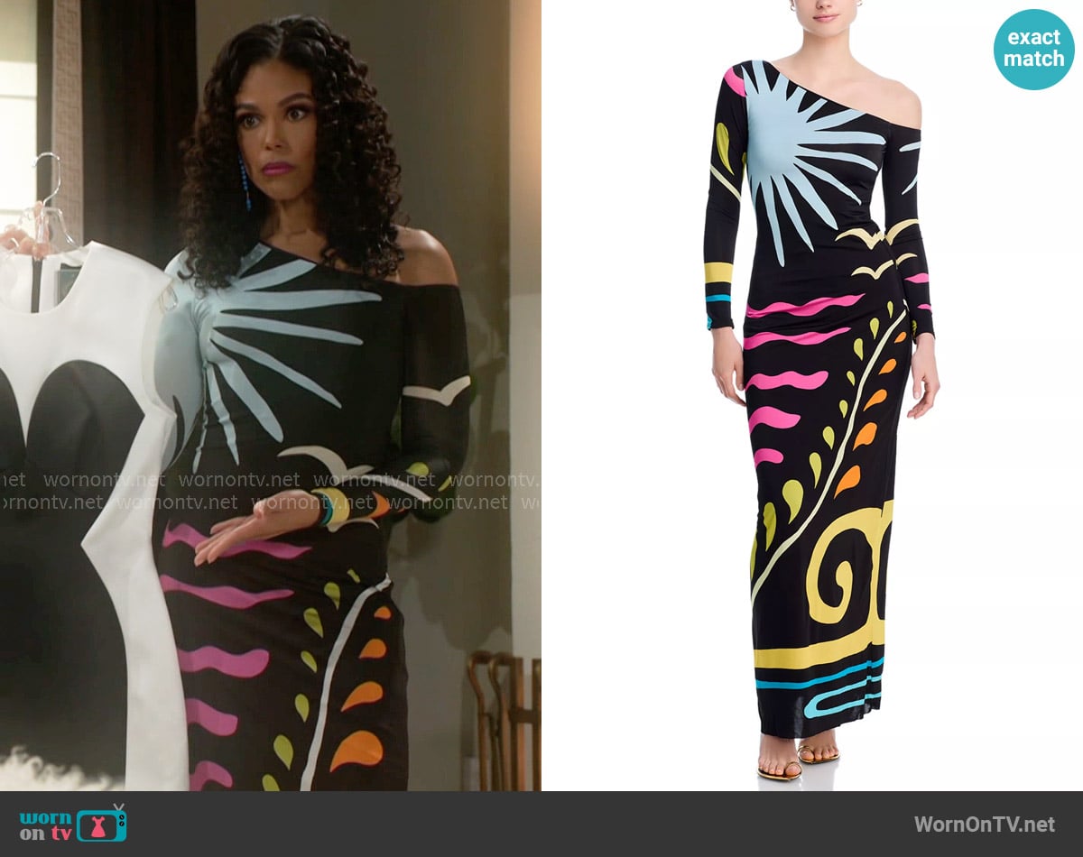 Dani’s black colorful print asymmetric dress on Beyond the Gates Dani’s black colorful print asymmetric dress on Beyond the Gates