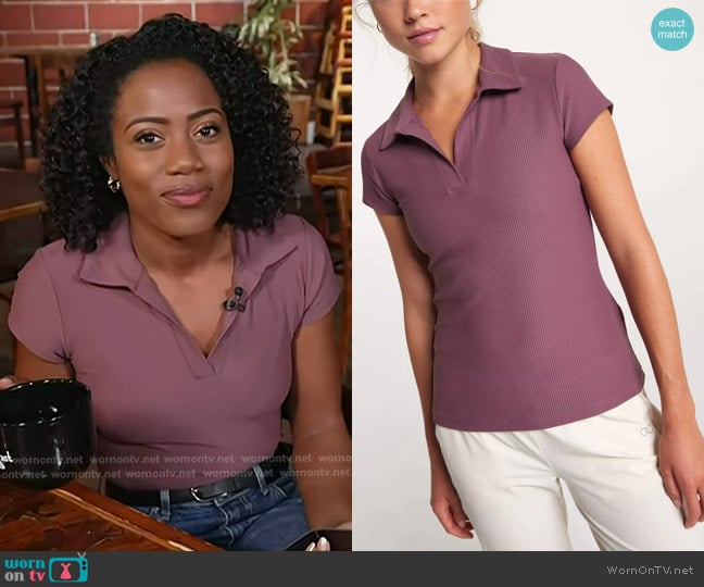 Calia Ribbed Johnny Collar Golf Polo worn by Priscilla Thompson on Today