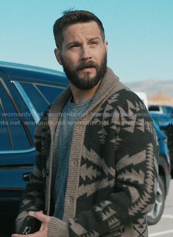 Cal's beige print shawl collar cardigan on Marshals