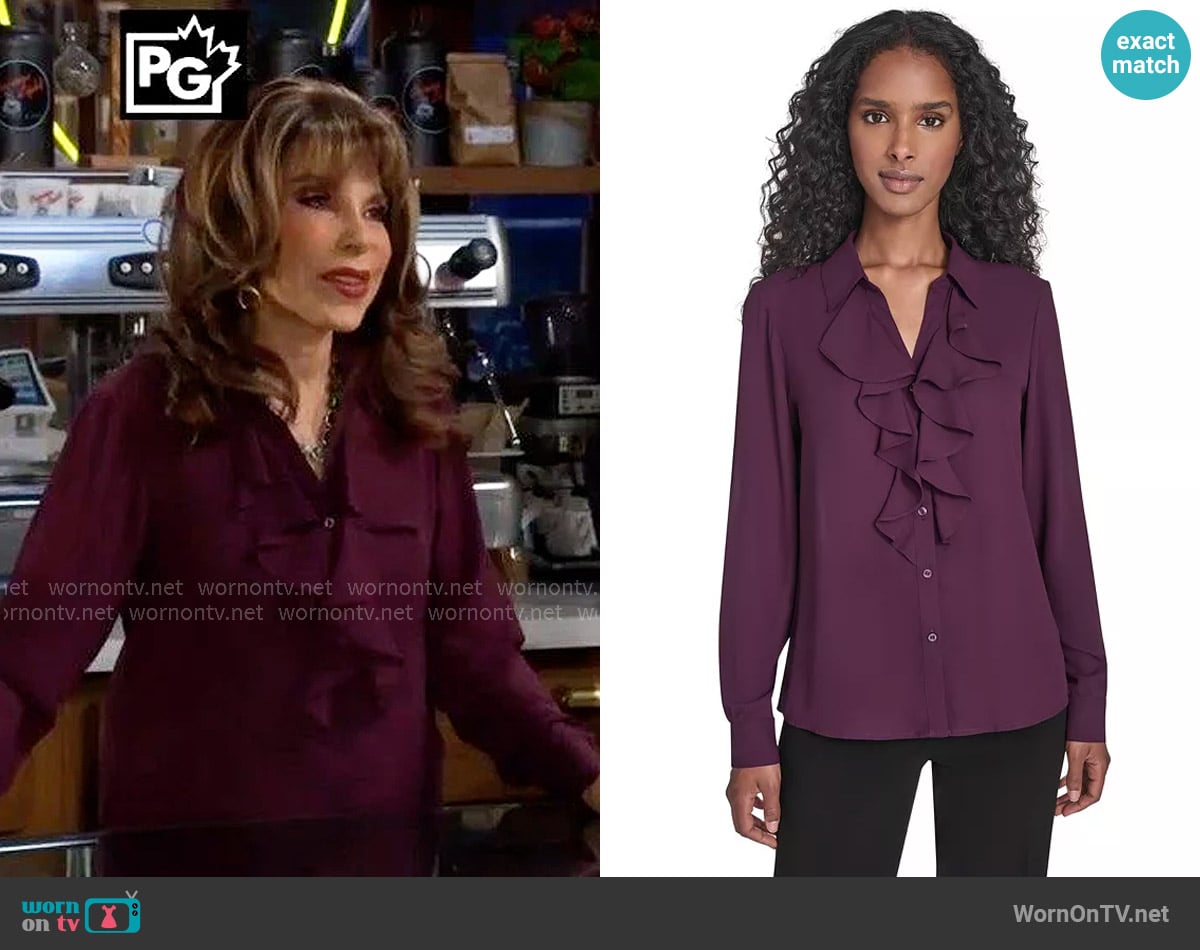 Calvin Klein Solid Long Sleeve Ruffle Front Blouse worn by Esther Valentine (Kate Linder) on The Young and the Restless