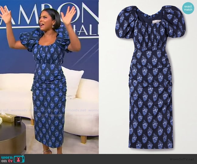 Carolina Herrera Gathered floral-print cotton-blend poplin midi dress worn by Tamron Hall on Tamron Hall Show