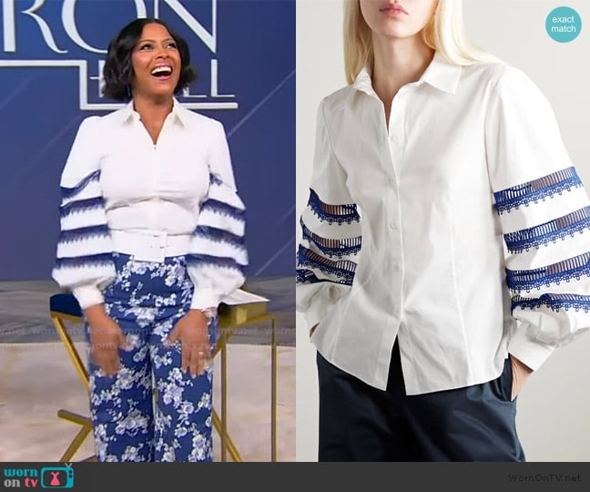 Carolina Herrera Guipure lace-trimmed cotton-blend poplin shirt worn by Tamron Hall on Tamron Hall Show