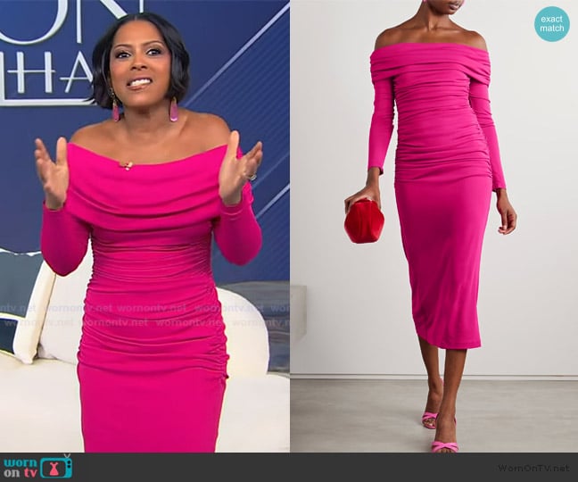 Carolina Herrera Off-the-shoulder ruched stretch-jersey midi dress worn by Tamron Hall on Tamron Hall Show