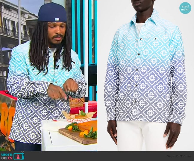 Keith Lee’s blue monogram print shirt on Tamron Hall Show