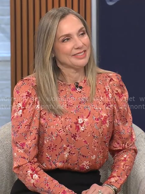 Catherine Fisher's coral floral blouse on CBS Mornings