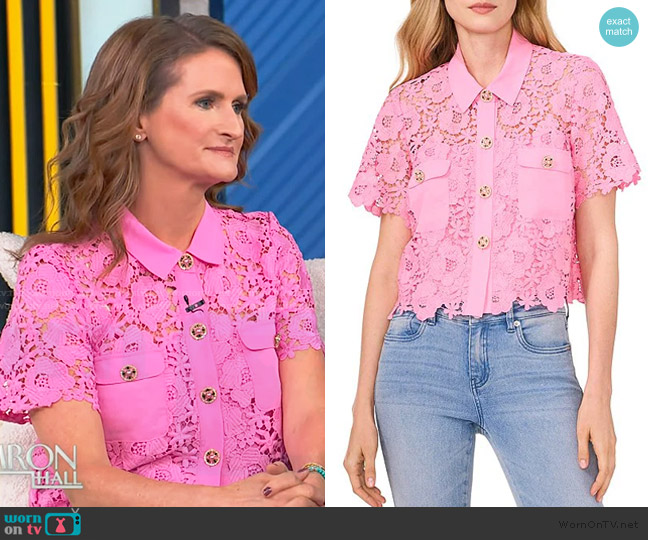 Cece Lace Collared Short Sleeve Patch Pocket Button Front Top worn by Amy Nofziger on Tamron Hall Show