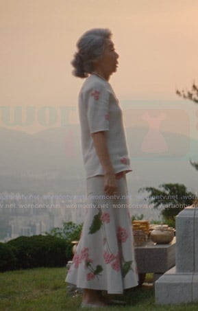 Chairwoman Park's white floral embroidered sweater and skirt on Beef