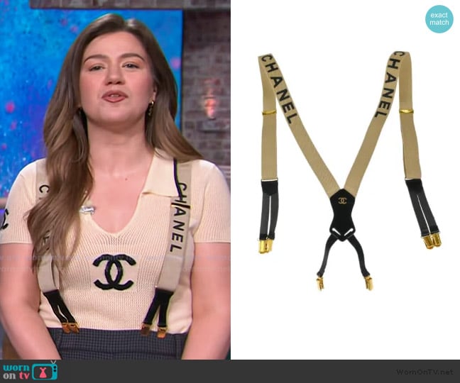 Chanel Logo-strap suspenders worn by Kelly Clarkson on The Kelly Clarkson Show