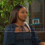 Chanel’s tie neck smocked denim mini dress on Days of our Lives