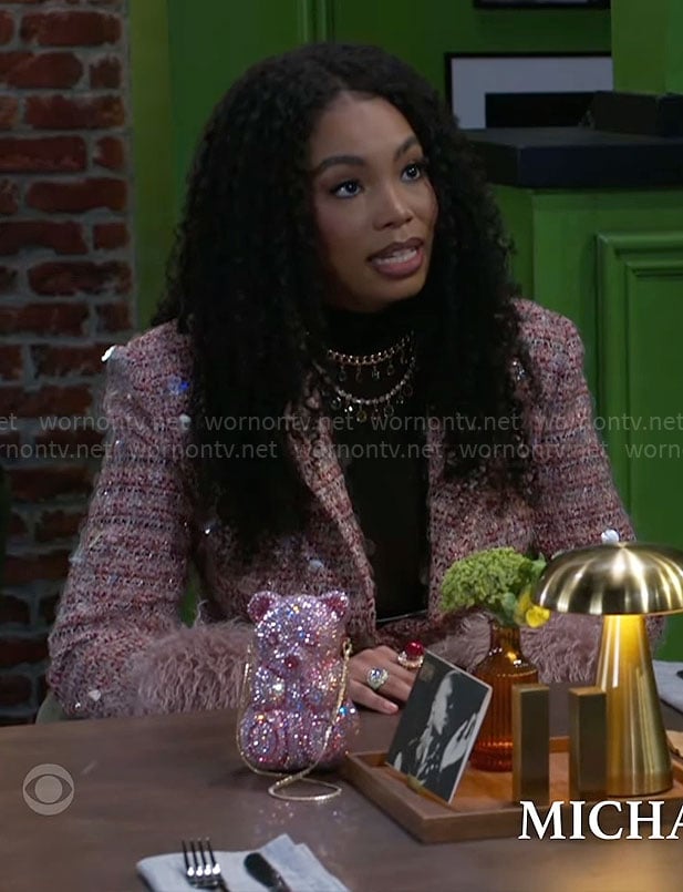 Chelsea’s pink tweed jacket with fur cuffs and bear bag on Beyond the Gates