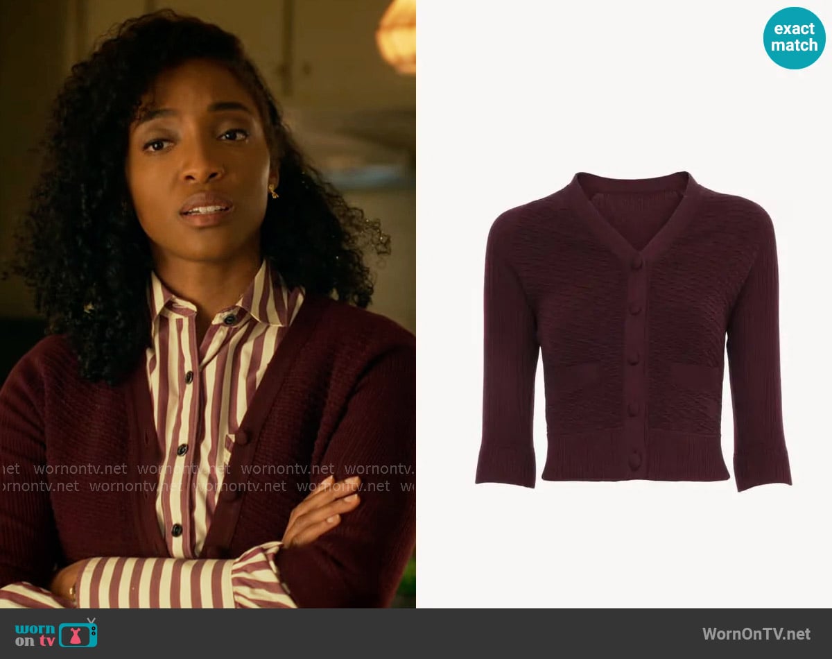 Chloe Fitted V-neck cardigan in a wool knit worn by Faith Mitchell (Iantha Richardson) on Will Trent