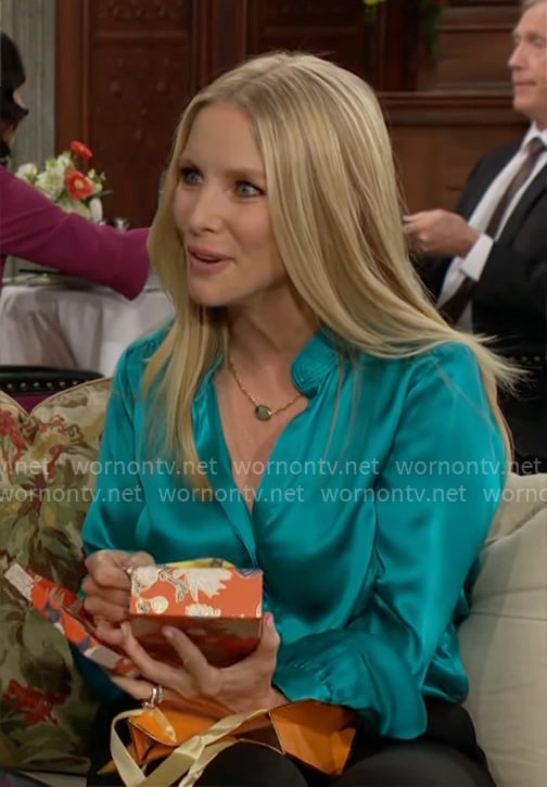 Christine’s turquoise satin shirt on The Young and the Restless