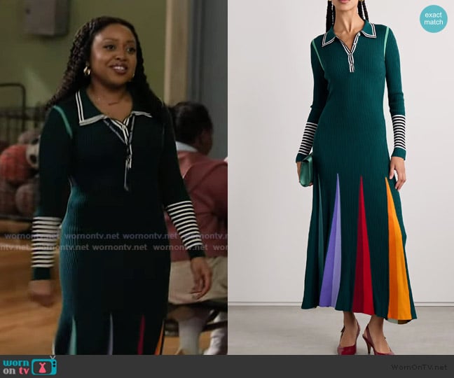 Christopher John Rogers Godet striped ribbed merino wool polo maxi dress worn by Janine Teagues (Quinta Brunson) on Abbott Elementary
