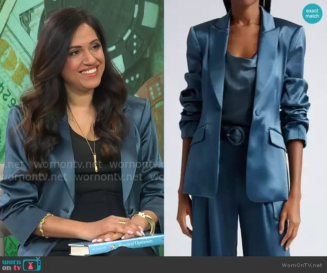 Cinq a Sept Cheyenne Satin Blazer in Onyx worn by Dr Sue Varma on CBS Mornings