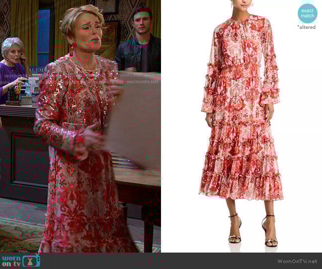 Cinq a Sept Damask Sunnina Ruffled Tiered Midi Dress worn by Bonnie Lockhart (Judi Evans) on Days of our Lives
