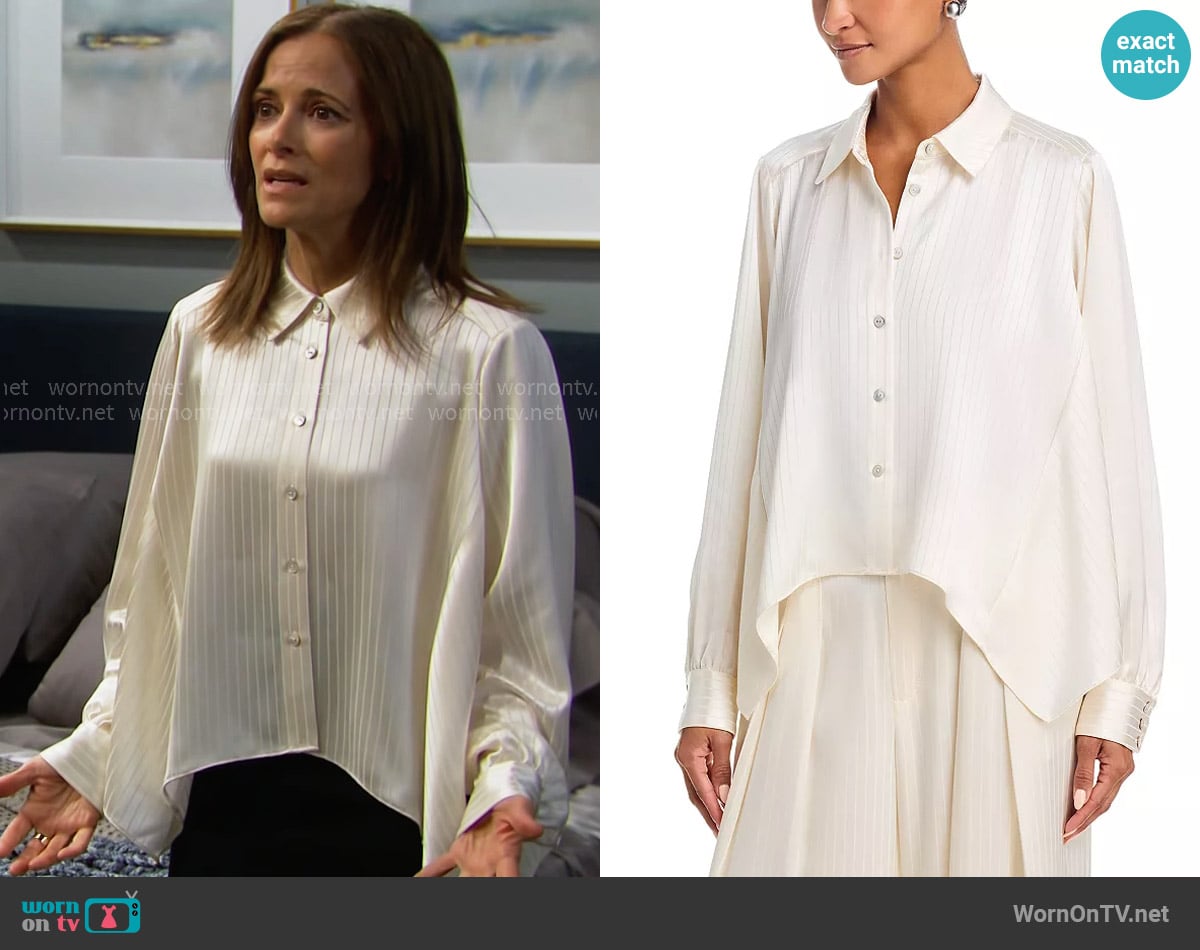 Cinq a Sept Georgia Satin Stripe Top worn by Taylor Hayes (Rebecca Budig) on The Bold and the Beautiful