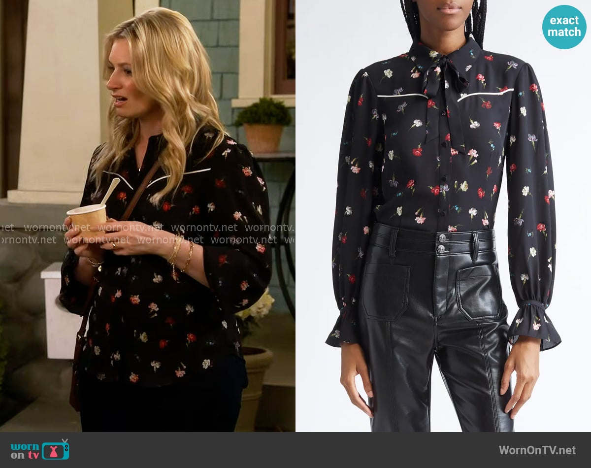 Cinq a Sept Kelela Print Tie Neck Shirt worn by Gemma (Beth Behrs) on The Neighborhood