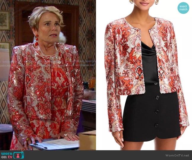 Cinq a Sept Sequin Damask Jacket worn by Bonnie Lockhart (Judi Evans) on Days of our Lives