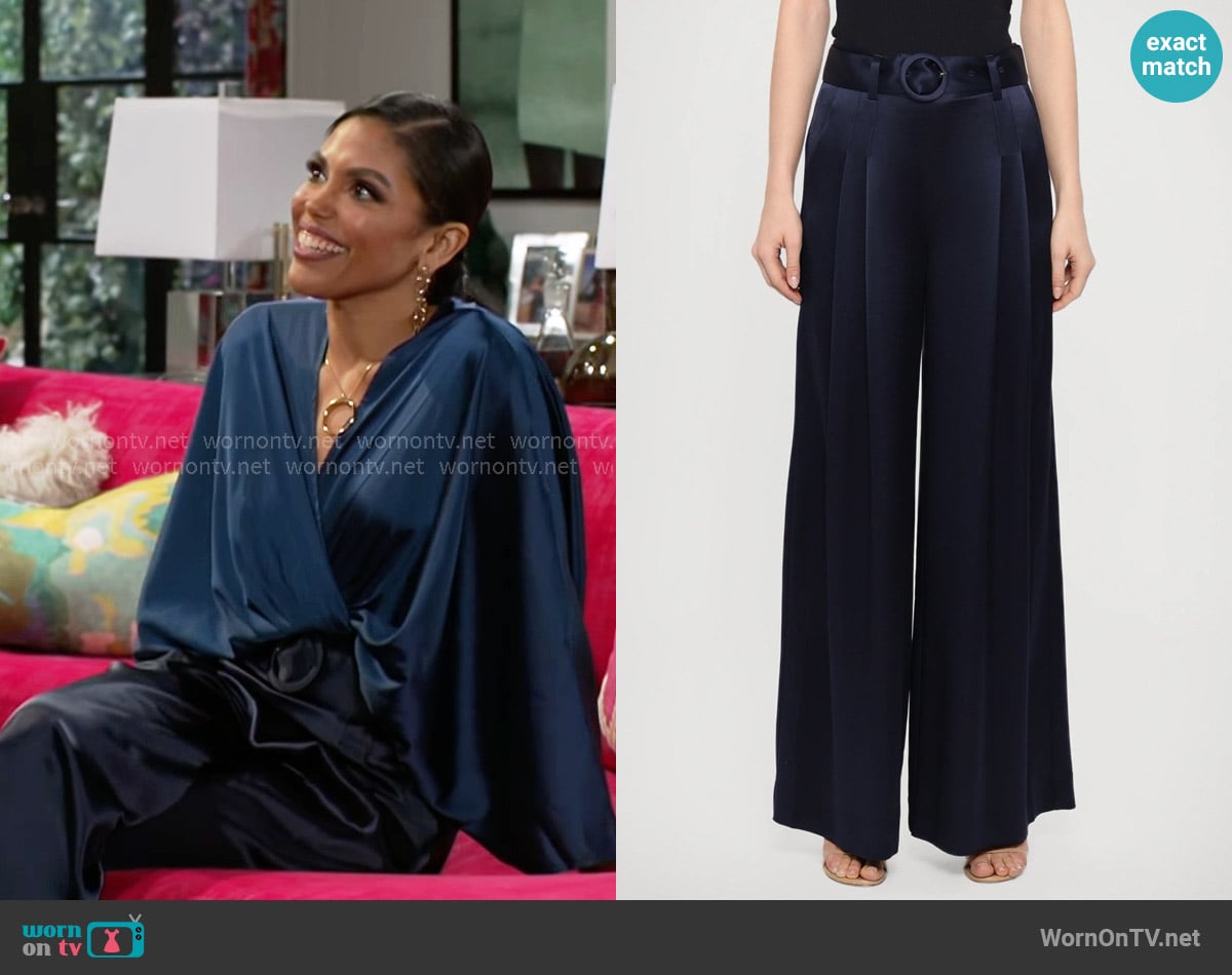 Cinq a Sept Shauna Pants in Navy worn by Dani Dupree (Karla Mosley) on Beyond the Gates