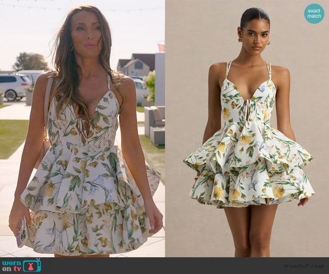 Club L London Lemon Floral Print Plunge-Neck Ruffled Skater Micro-Mini Dress worn by Alicia Carmody on The Real Housewives of Rhode Island