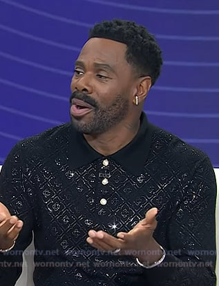 Colman Domingo's black embellished long sleeve polo on Today