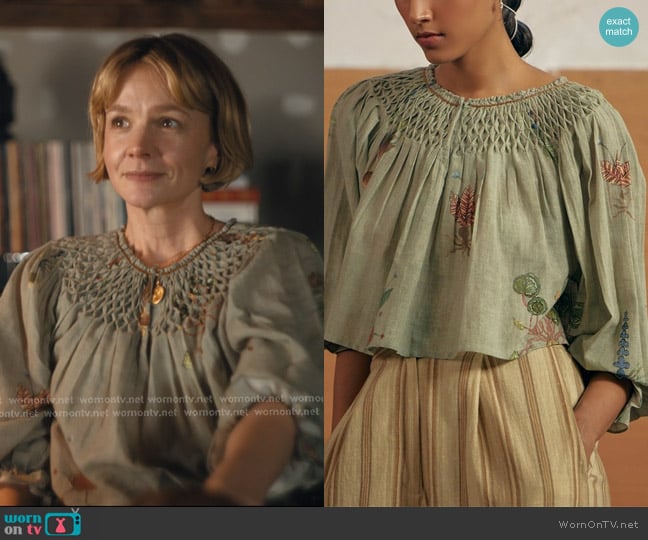 Cord Floral Embroidered Smocked Blouse worn by Lindsay Crane-Martín (Carey Mulligan) on Beef