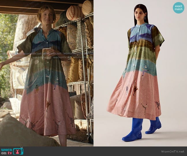 Cord Multi Color Cotton Bandeau Neck Skater Print A-line Midi Dress worn by Lindsay Crane-Martín (Carey Mulligan) on Beef