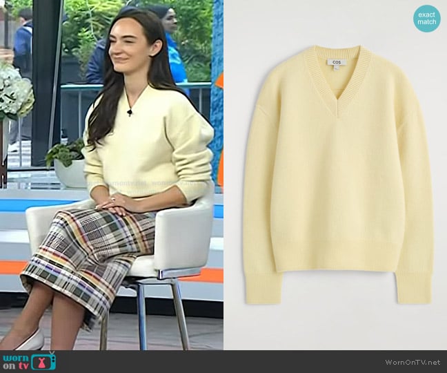 Cos Rounded Wool V-Neck Sweater in Butter Yellow worn by Olivia Perez on Today
