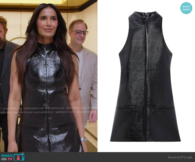 Courrèges Sleeveless Vinyl A-line Dress worn by Padma Lakshmi on Americas Culinary Cup