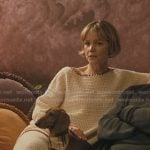 Lindsay’s white crochet knit sweater and pants on Beef