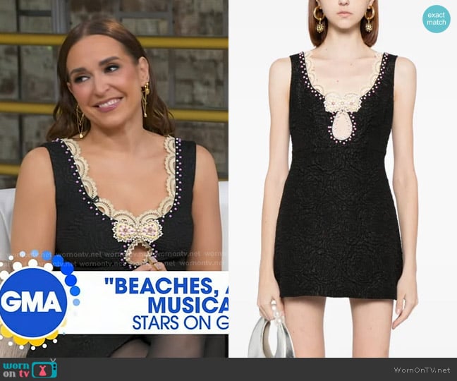 Jessica Vosk’s black lace trim embellished dress on GMA Jessica Vosk’s black lace trim embellished dress on GMA