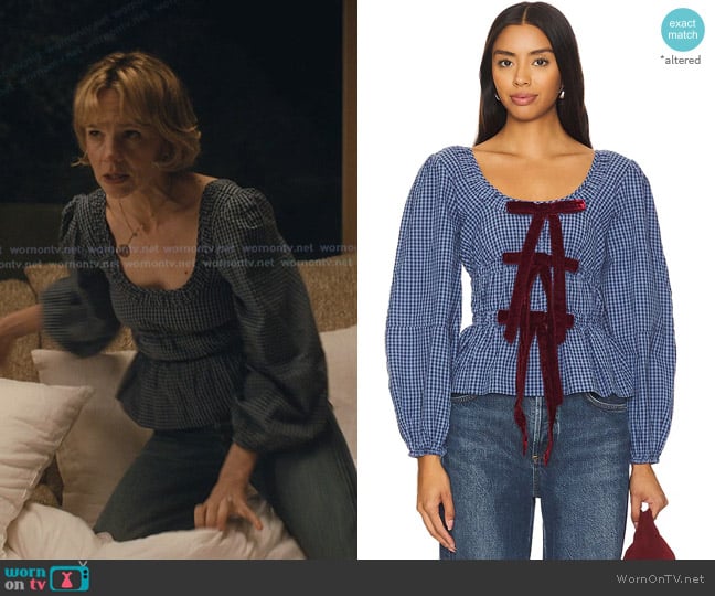 Damson Madder Dakota Blouse in Blue Check worn by Lindsay Crane-Martín (Carey Mulligan) on Beef