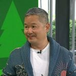 Danny Seo’s blue printed shawl collar cardigan on Today