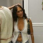 Dara’s white bow front top and denim skirt on Summer House