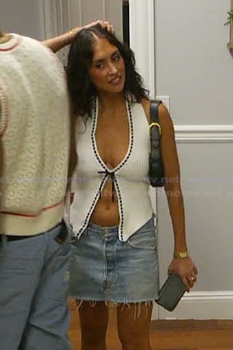 Dara's white bow front top and denim skirt on Summer House