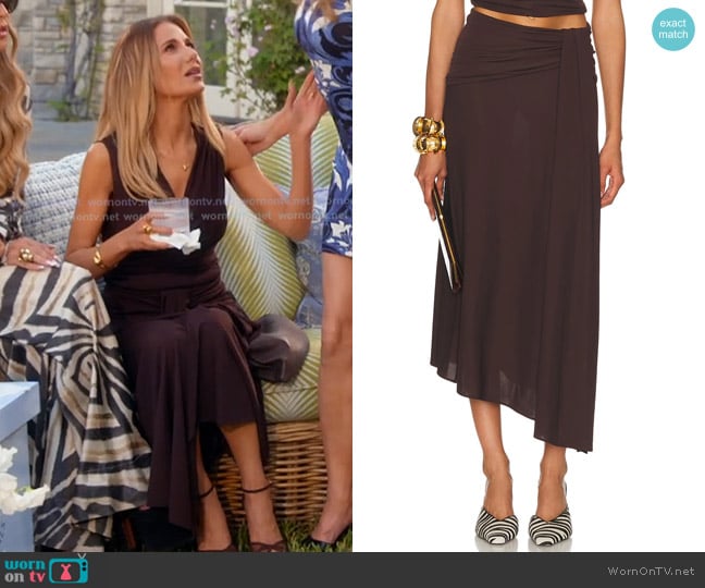 Dark Brown by The Andamane Wren Draped Midi Skirt worn by Dorit Kemsley on The Real Housewives of Beverly Hills