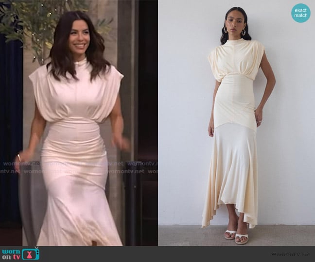 De La Vali Vasudha Midi Dress in Cream Jersey worn by Eva Longoria on Live with Kelly and Mark