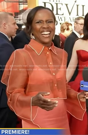 Deborah's coral sheer shirt and pencil skirt on Good Morning America
