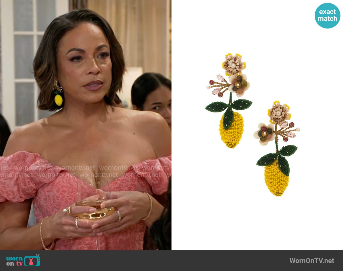 Deepa Gurnani Lemon Earrings worn by Nicole Dupree Richardson (Daphnee Duplaix) on Beyond the Gates
