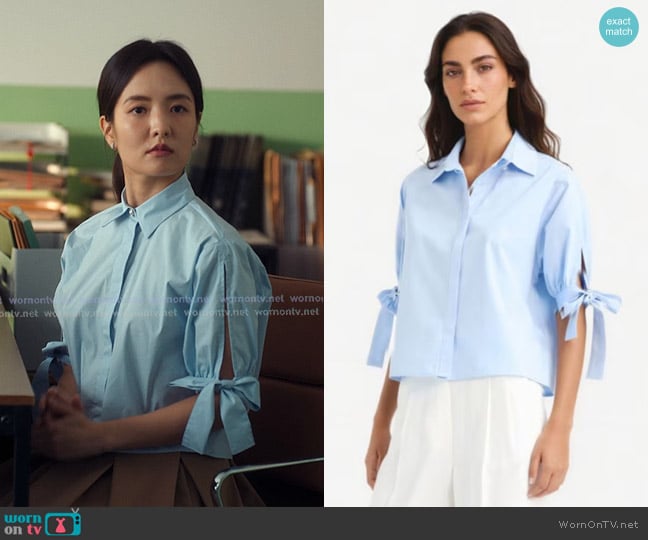 DeFacto Cotton Regular Fit Poplin Shirt with Tie Detail worn by Jiwon Ahn (Hojo Shin) on XO Kitty