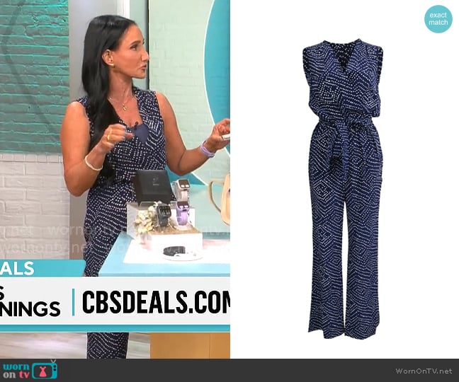 Elizabeth Werner’s navy dotted print jumpsuit on CBS Mornings