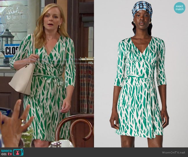 Diane von Furstenberg Julian Silk Jersey Wrap Dress in Twigs Green worn by Belle Brady (Martha Madison) on Days of our Lives