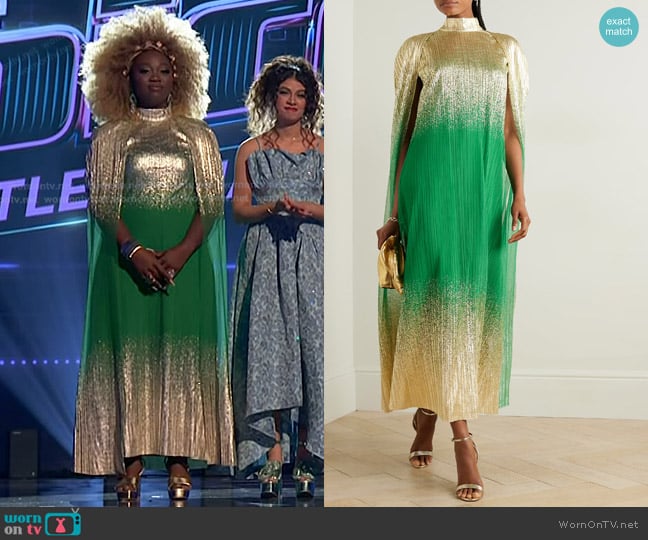 Alexia Jayy’s metallic green cape dress on The Voice