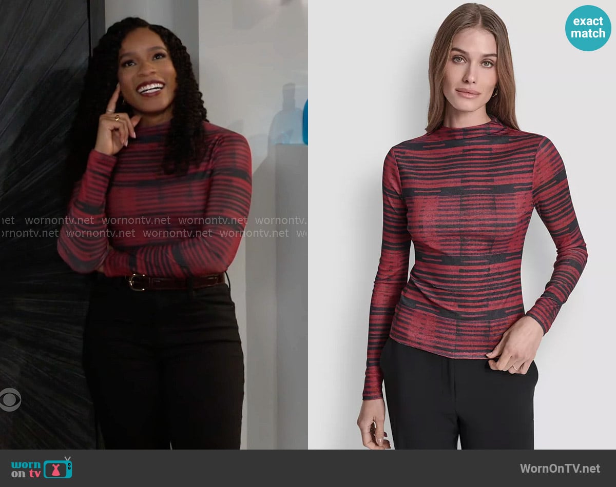 DKNY Long Sleeve Fitted Funnel Neck Tissue Mesh Top worn by Naomi Hamilton Hawthorne (Arielle Prepetit) on Beyond the Gates