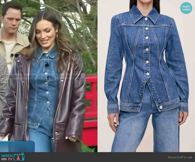 DL1961 Peplum Long Sleeve Denim Jacket in North Water worn by Emily Orozco on Access Hollywood