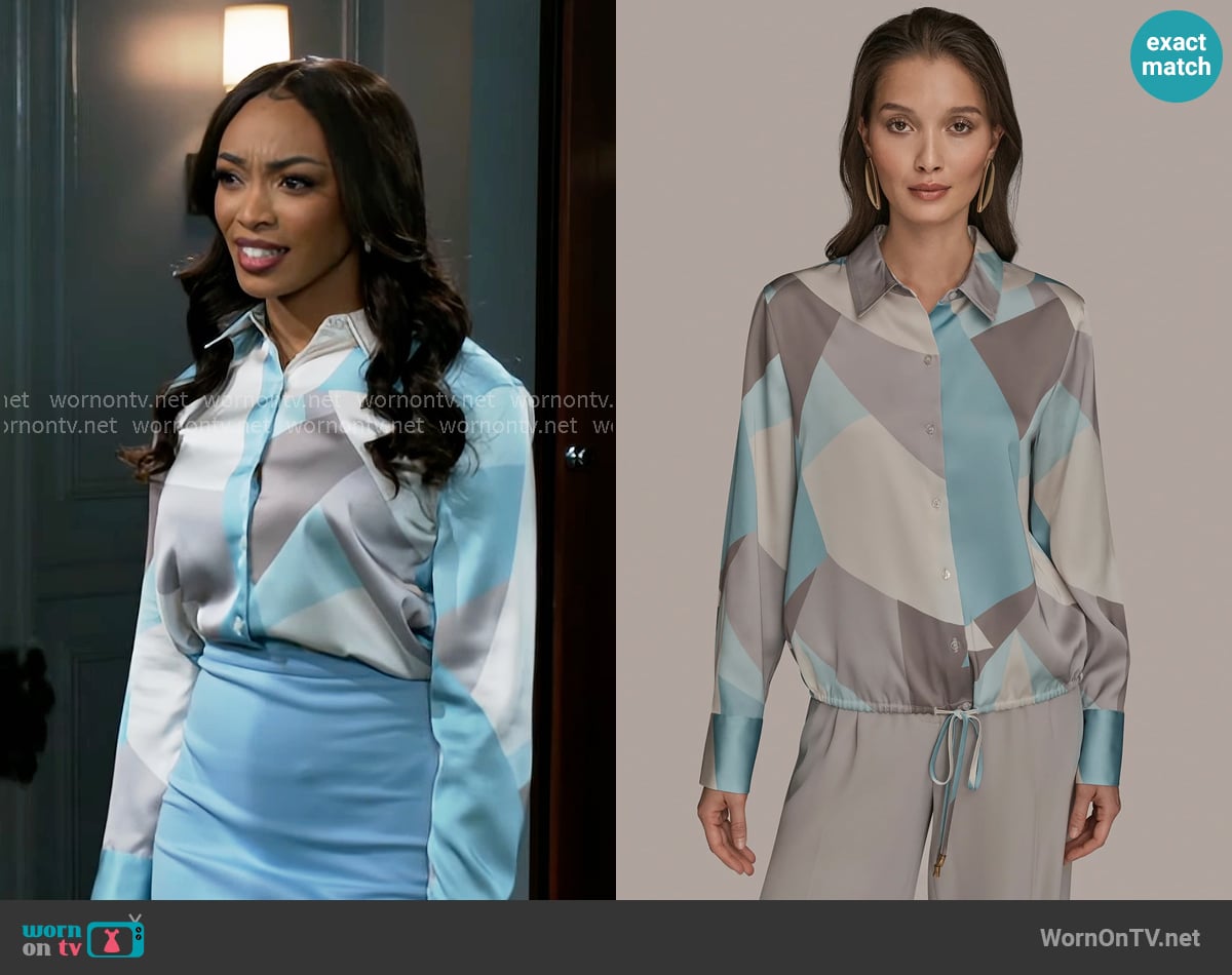 Madison’s blue printed button down blouse on Beyond the Gates