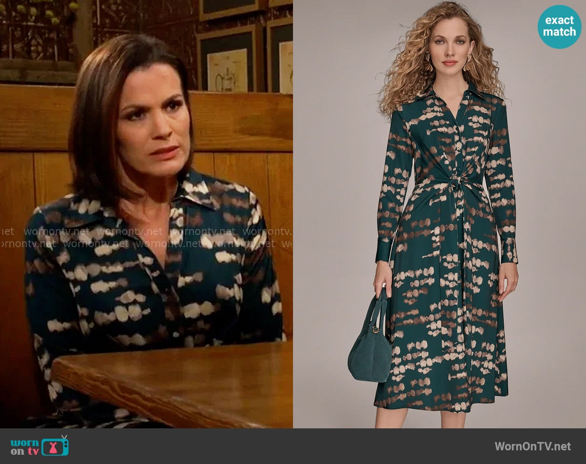 Donna Karan Printed Satin Twist Midi Shirt Dress in Hudson / Gold worn by Chelsea Lawson (Melissa Claire Egan) on The Young and the Restless
