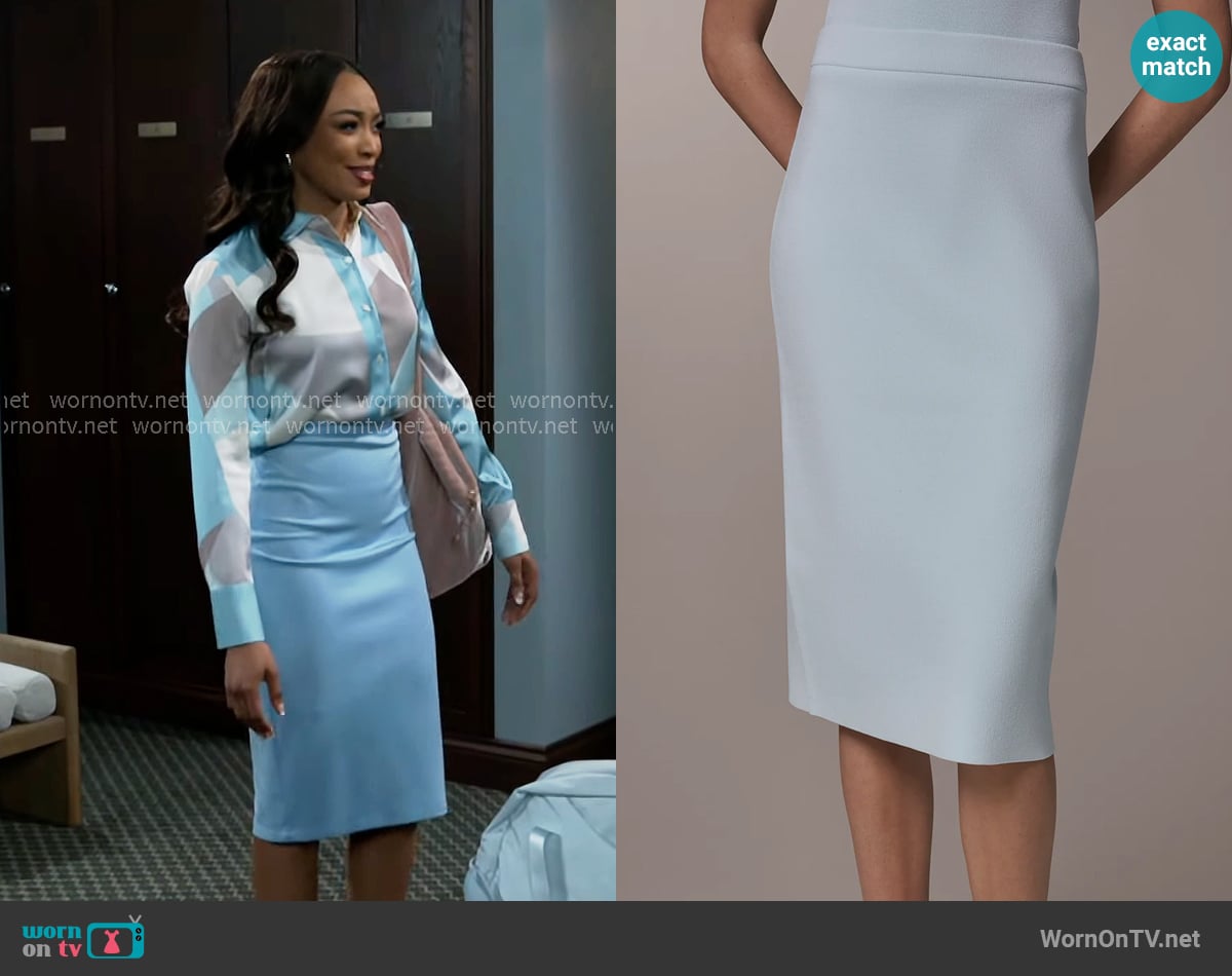 Madison’s blue pencil skirt on Beyond the Gates